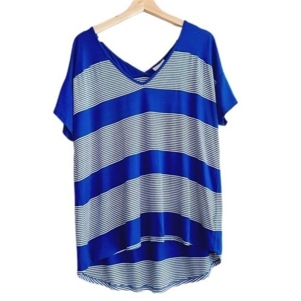 POINTELLE / V-neck Stripe Hi-low Hem Top Blue & White Sz XL